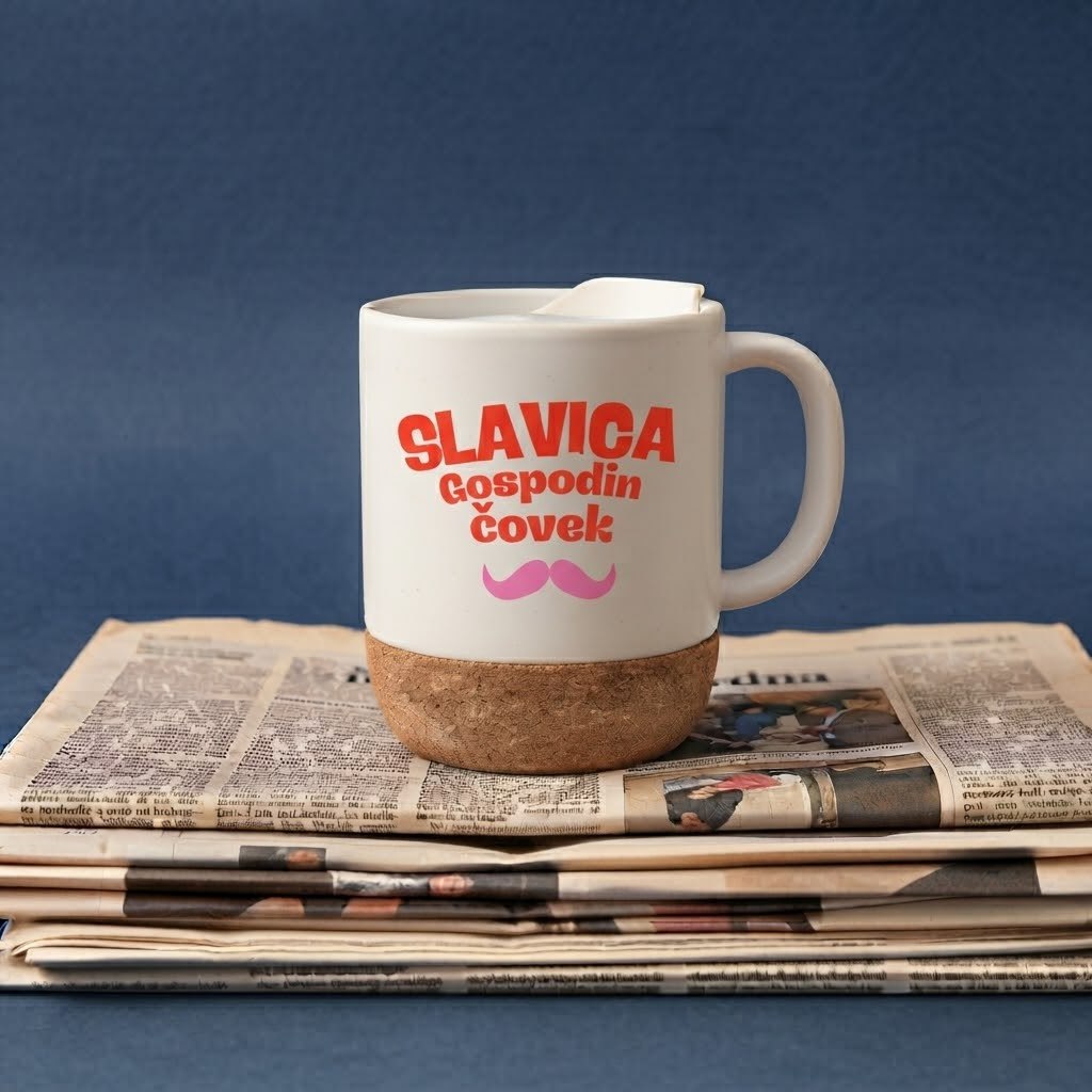 Bela šoljica sa poklopcem i plutanom osnovom, natpis Slavica Gospodin čovek i crtež brkova